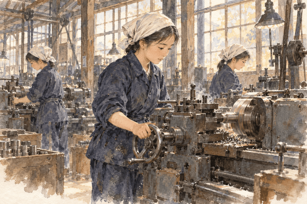 下田の女学生たちの旋盤工場風景